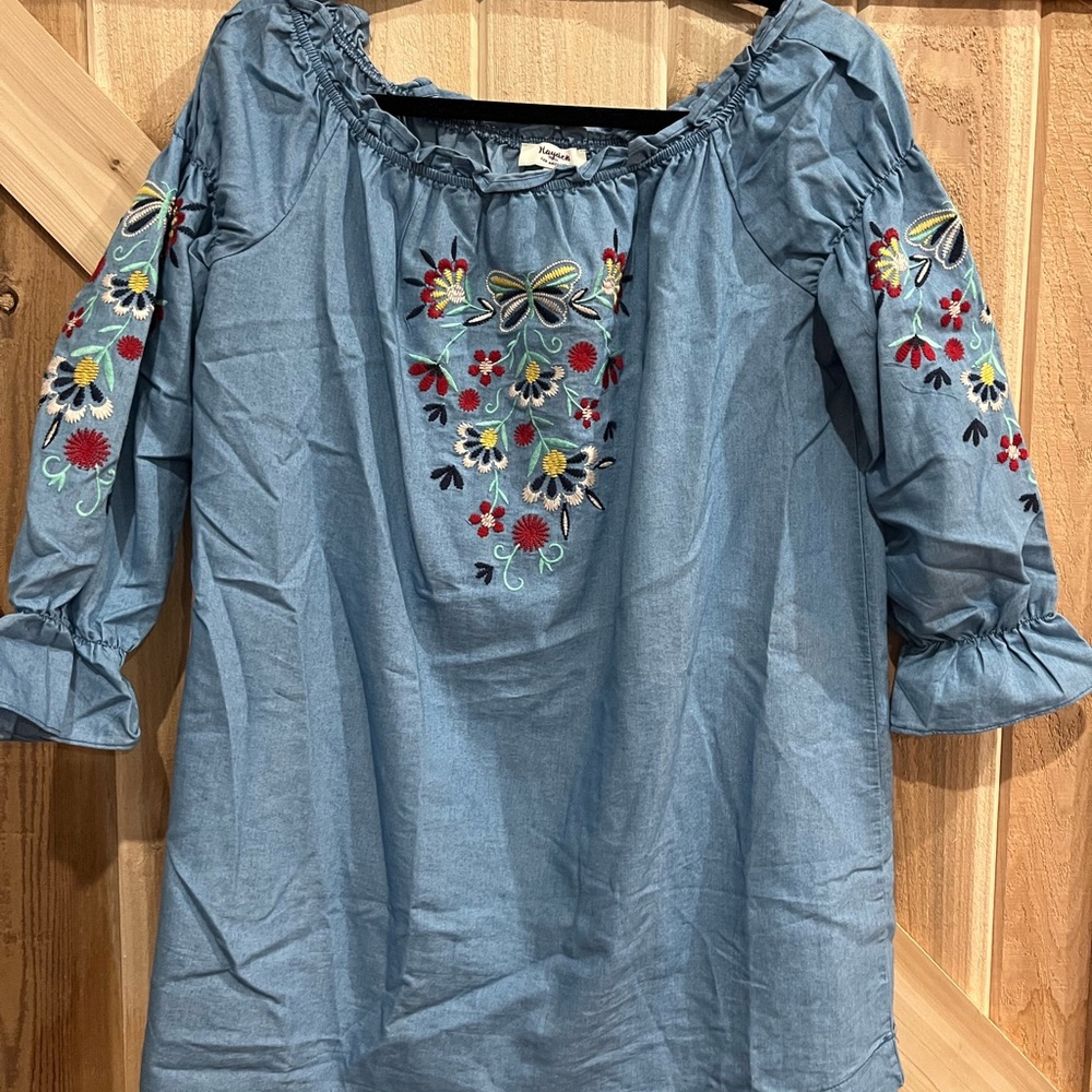 Embroidered Blue Peasant Dress